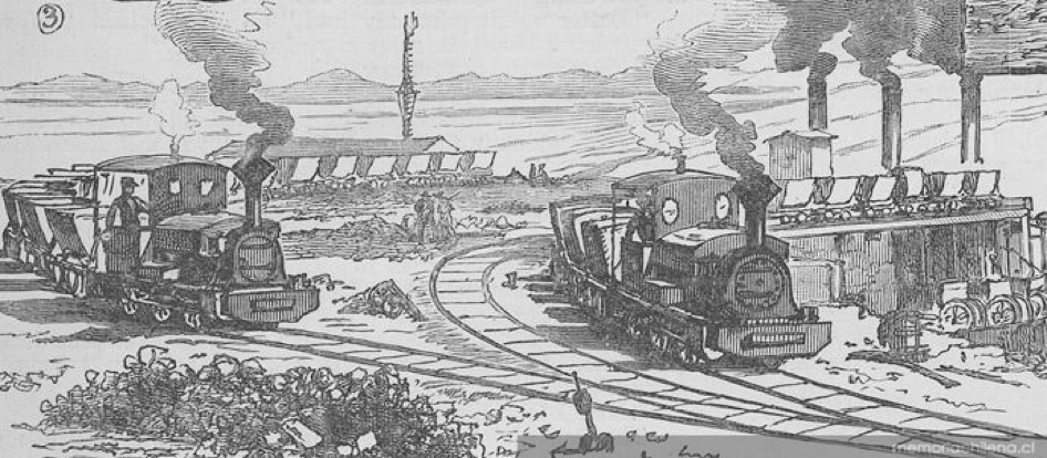 Vagones y trenes llegando al campamento, hacia 1889